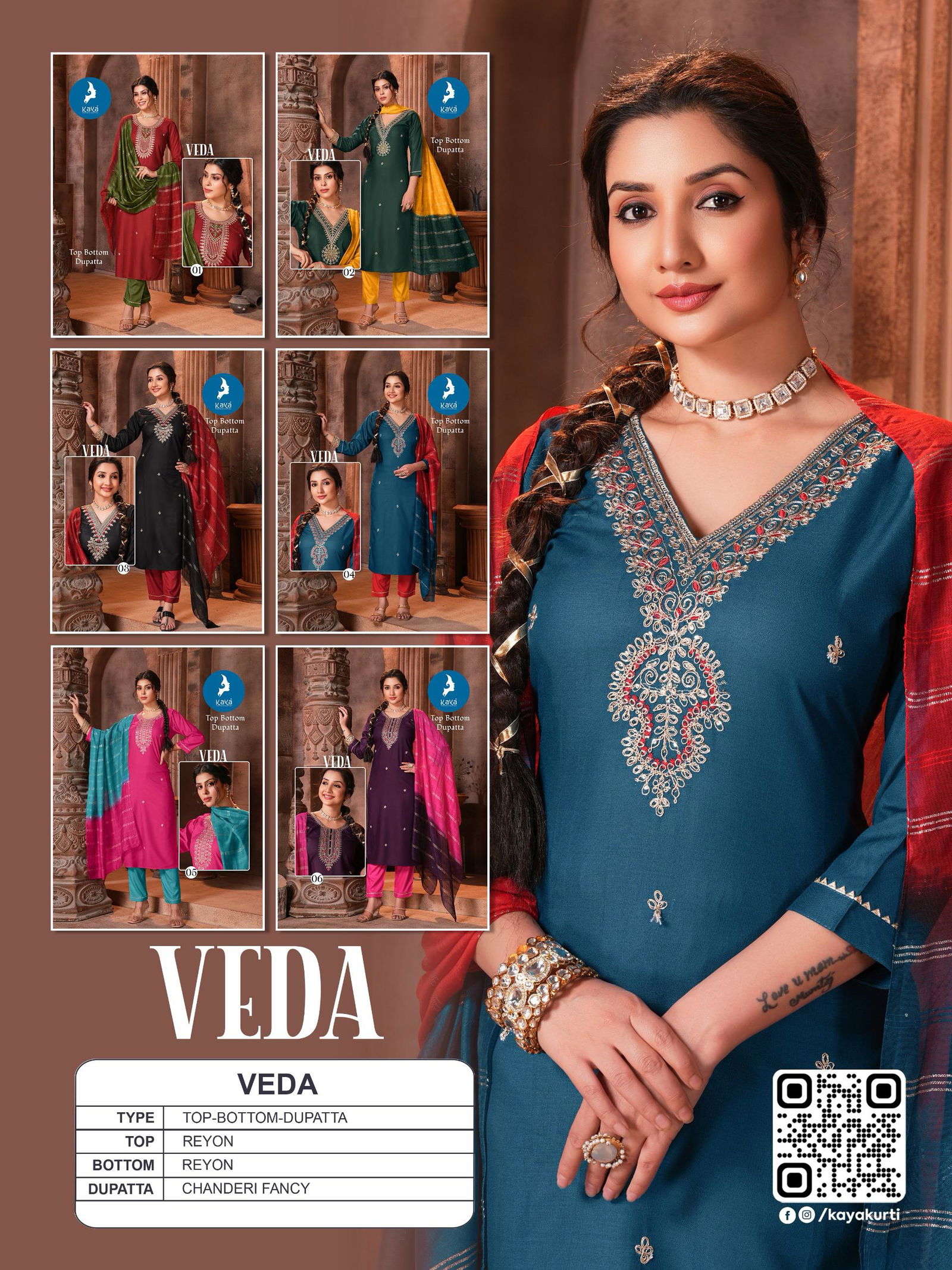 Veda By Kaya Rayon Straight Cut Kurti With Bottom Dupatta Wholesale Online
